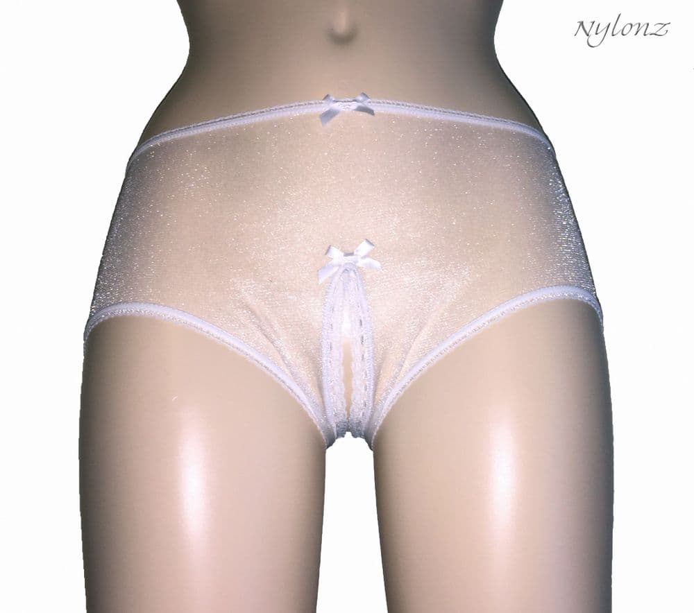 Completely Sheer 100% Nylon CROTCHLESS BRIEF Panties WHITE
