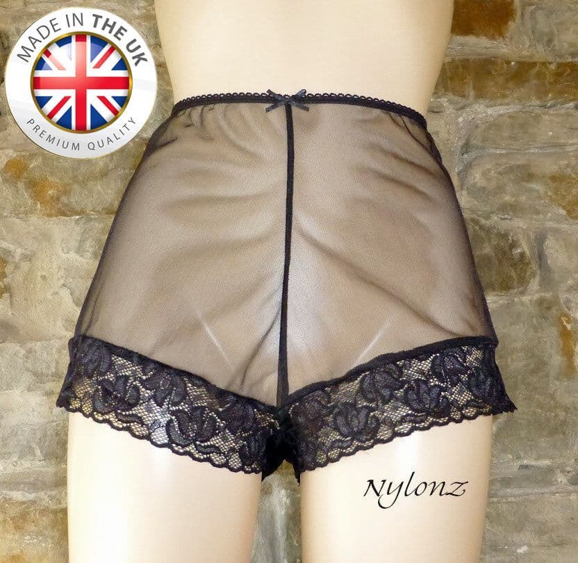 See Thru Sheer Gusset Nylon French Knickers - Black