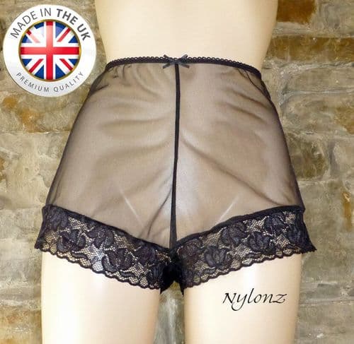 See Thru Sheer Gusset Nylon French Knickers - Black
