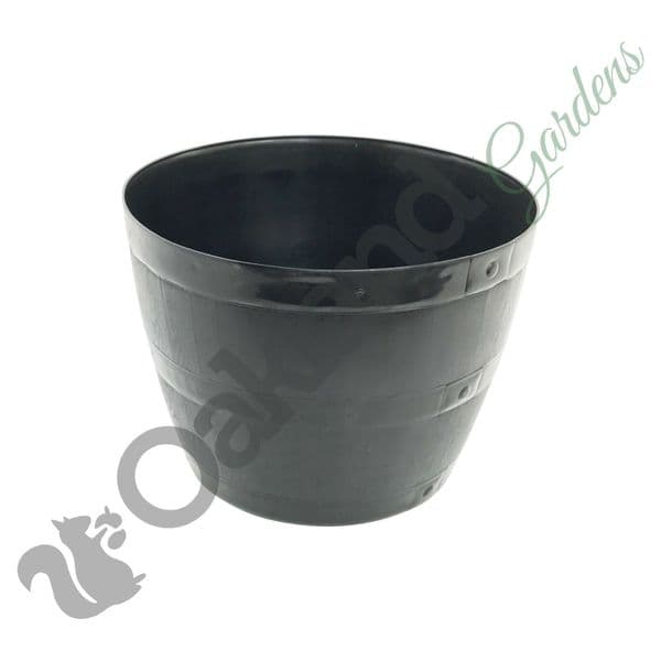 Black Barrel Style Planter – Durable Decorative Barrel Pot with Optional Drainage