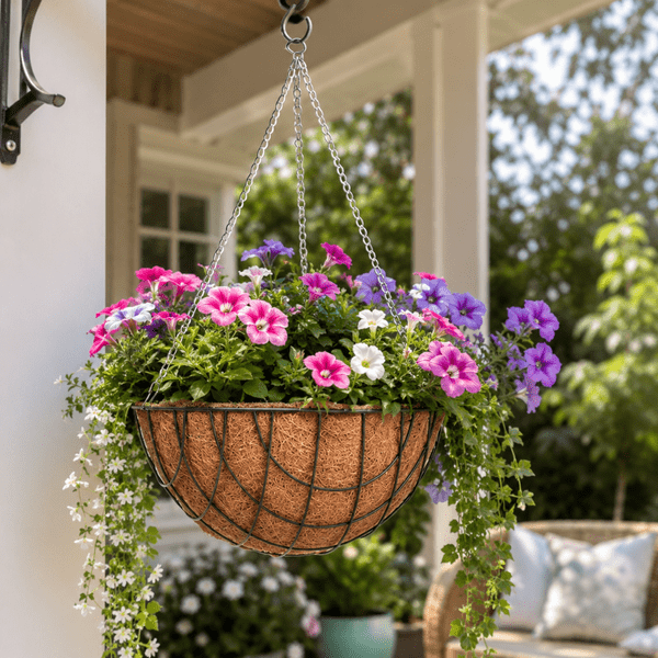 Hanging Basket with Coco Liner & Chain – Round Wire Garden Planter 12