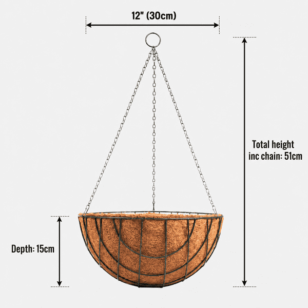 Hanging Basket with Coco Liner & Chain – Round Wire Garden Planter 12