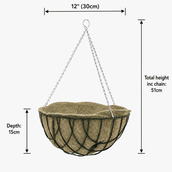 Hanging Basket with Jute Liner & Chain – Round Wire Garden Planter 12
