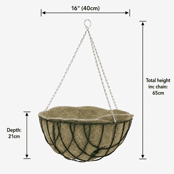 Hanging Basket with Jute Liner & Chain – Round Wire Garden Planter 12