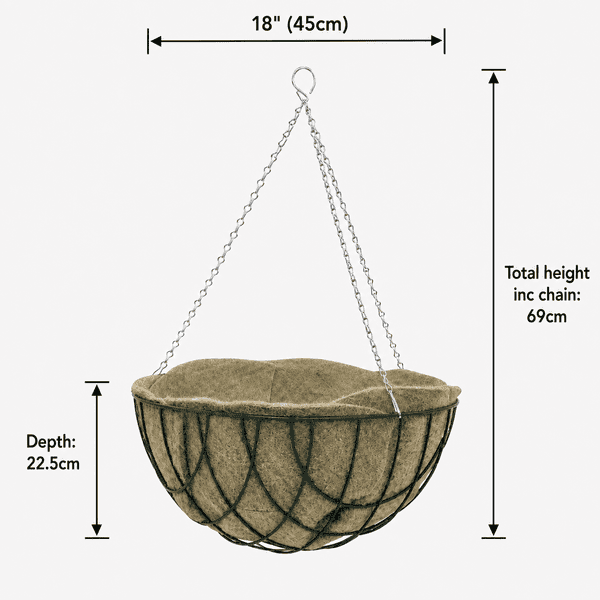 Hanging Basket with Jute Liner & Chain – Round Wire Garden Planter 12