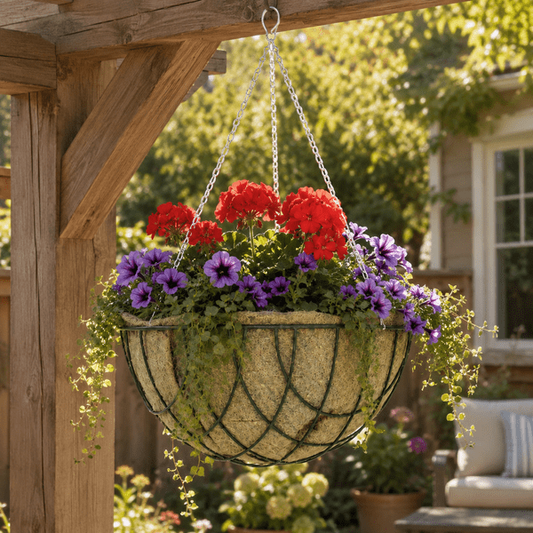 Hanging Basket with Jute Liner & Chain – Round Wire Garden Planter 12