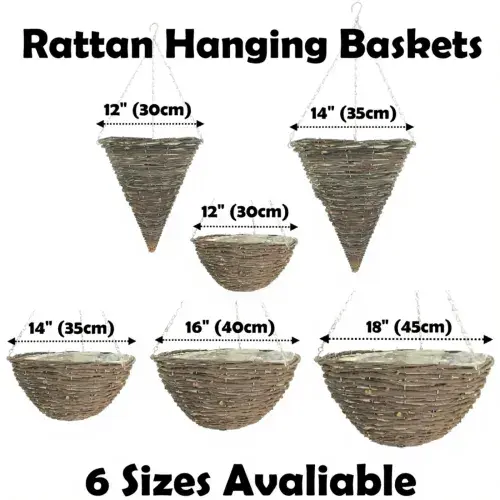 Rattan Hanging Baskets – Natural Woven Style with Steel Frame & Polythene Liner