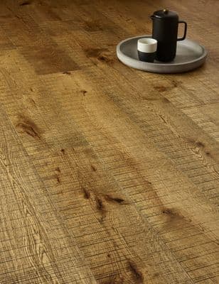 Sawn Nevis Rustic Oak Flooring 14x190mm Bandsawn, Black Grain & UV-Oiled
