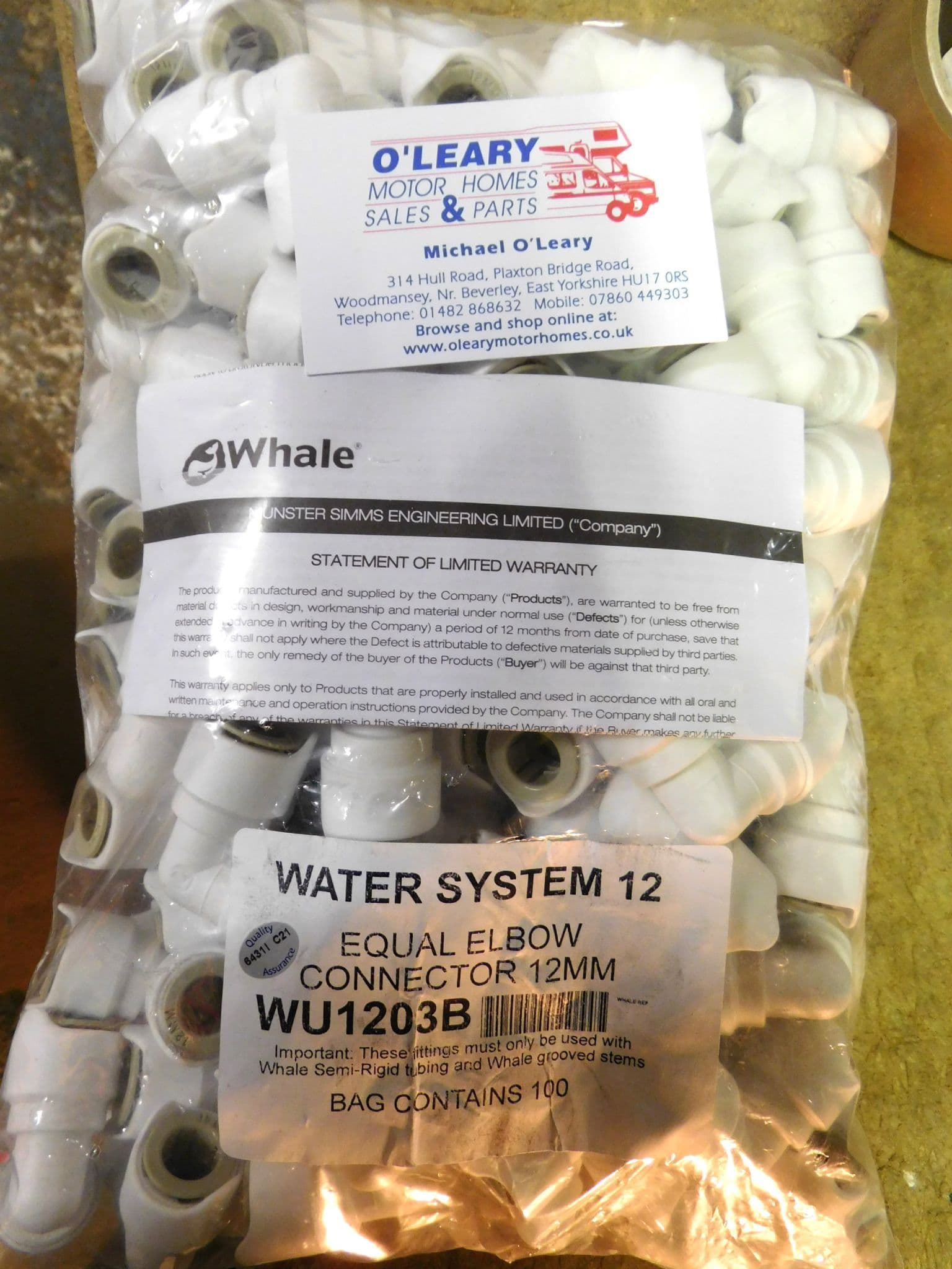 WHALE water system 12mm equal elbow connectors x 2