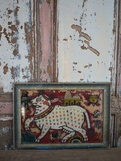 1950's Folk Art Print with bead decoration of a Holy Nandi Cow with Temple