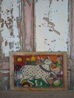 1950's Folk Art print with beading embellishment of a Holy Cow & Krishna