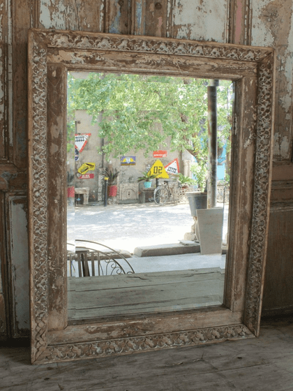 19th Century Carved Teak Window Mirror with faded paint