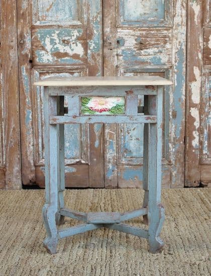 Antique Colonial Side Table with Vintage Tiles & Marble Top