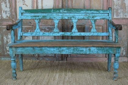 antique colonial  teak bench with faded paint tones, Gujarat