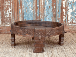 Antique Grinder Table with tribal carvings, Thar Desert, Rajasthan