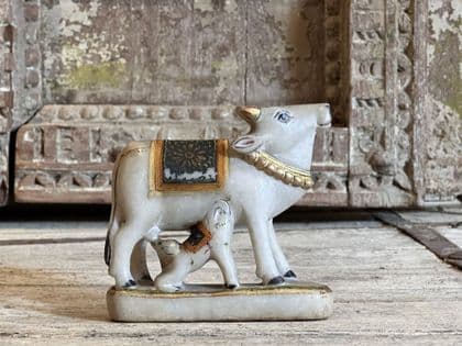 Antique Marble Jain Temple Offering of a Nandi Cow with Calf - Fertility symbol