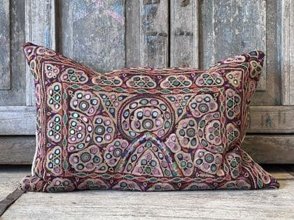 Antique Mirrorwork Textile Cushion backed in Vintage Linen