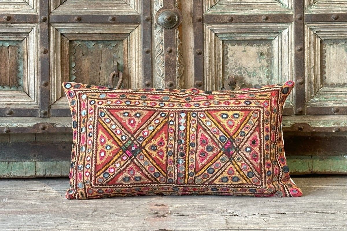 Antique Mirrorwork Textile Cushion Gujarat