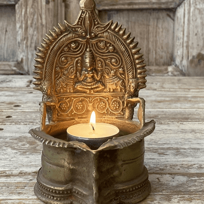 Antique Oil Lamp - Depicting Laxshmi, the Goddess of Wealth and Elephants
