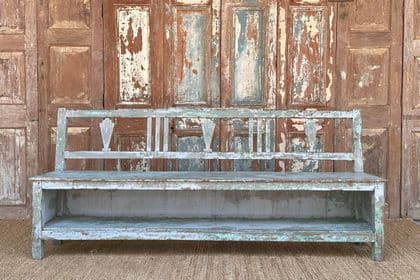 Antique Pale Blue Colonial Teak Bench With Shelf