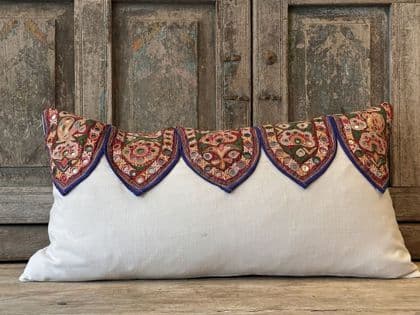 Antique Toran Embroidery Cushion with Vintage French Linen