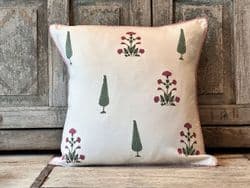 BLOCK PRINT CANVAS CUSHION WITH  CYPRUS TREES  & RED FLOWERS, JAIPUR