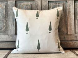 BLOCK PRINT CANVAS CUSHION WITH  GREEN CYPRUS TREES, JAIPUR