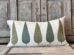 BLOCK PRINT CANVAS CUSHION WITH  LIGHT & DARK GREEN CYPRUS TREES, JAIPUR