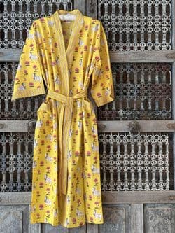 Block Print Kimono Robe with Lotus & Nandi Cow in Yellow