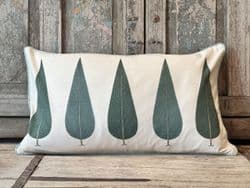 BLOCK PRINT OBLONG CANVAS CUSHION WITH GREEN CYPRUS TREES, JAIPUR