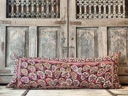 Bolster Cushion made from a Vintage Mirrorwork Embroidered Toran, Gujarat