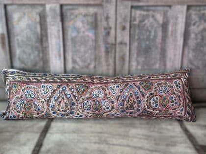 Bolster Cushion made from a Vintage Mirrorwork Embroidery, Gujarat