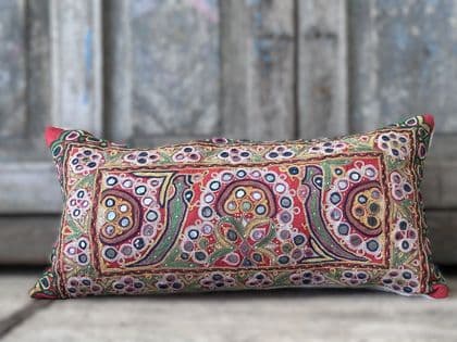 Bolster Cushion made from a Vintage Mirrorwork Toran (1 of a pair, sold separately)