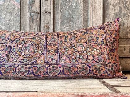 Bolster Cushion made from an Antique Dowry Mirrorwork Toran