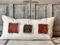 Bolster Cushion made in Vintage French Linen with 3 Embroidered Tribal Textiles