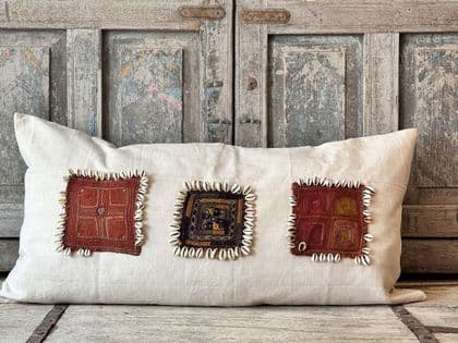 Bolster Cushion made in Vintage French Linen with 3 Embroidered Tribal Textiles