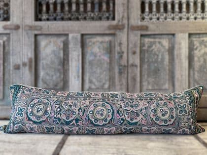 Bolster made from a Vintage Mirrorwork Embroidered Toran, Gujarat SOLD