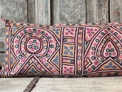 Bolster made from a VintageFine  Mirrorwork Embroidered Toran, Gujarat
