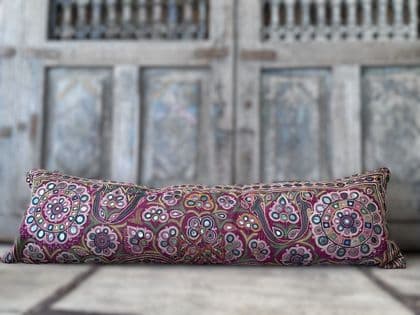 Bolster made from a VintageFine  Mirrorwork Embroidered Toran, Gujarat