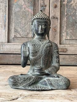 Bronze Buddha with etched decorative robes & hand mudra in the Abhaya fearlessness pose