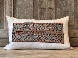Cushion made from an antique mirrored embroidery with French linen