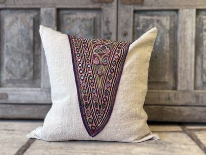 Cushion made from Vintage French linen and a Toran dowry embroidery