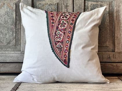 Cushion made from Vintage French linen and a Toran dowry embroidery