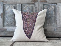 Cushion made from Vintage French linen and part of an Embroidered dowry toran