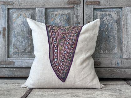 Cushion made from Vintage French linen and part of an Embroidered dowry toran