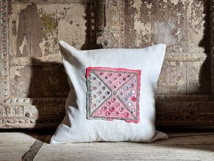 Cushion made from vintage indian mirrorwork and vintage french linen.