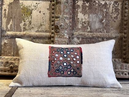 Cushion made from vintage indian mirrorwork textile & vintage french linen.