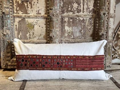 Cushion made from vintage indian mirrorwork & vintage french linen