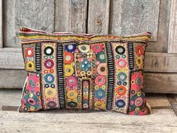 Embroidered Tribal Mirrored Textile made into a Cushion