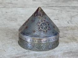 Finely Etched Vintage Pewter Conical Box, Rajasthan